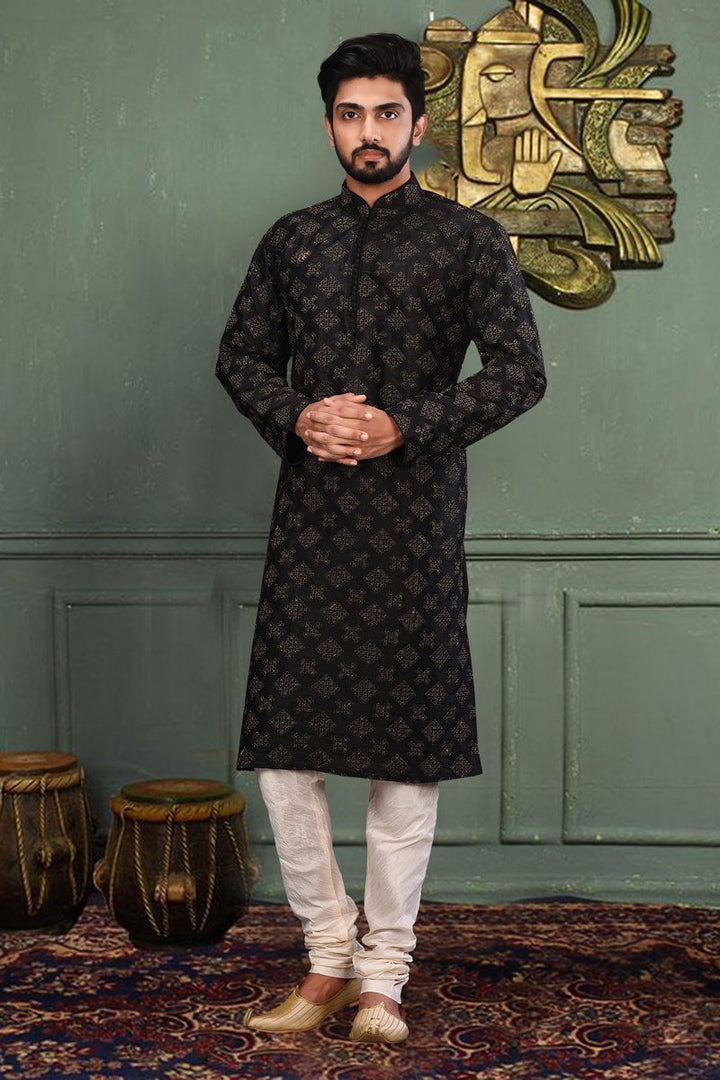 Black Color Silk Fabric Sangeet Wear Readymade Men Kurta Pyjama