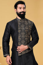 Load image into Gallery viewer, Art Silk Fabric Black Color Sangeet Wear Embroidered Readymade Men Kurta Pyjama
