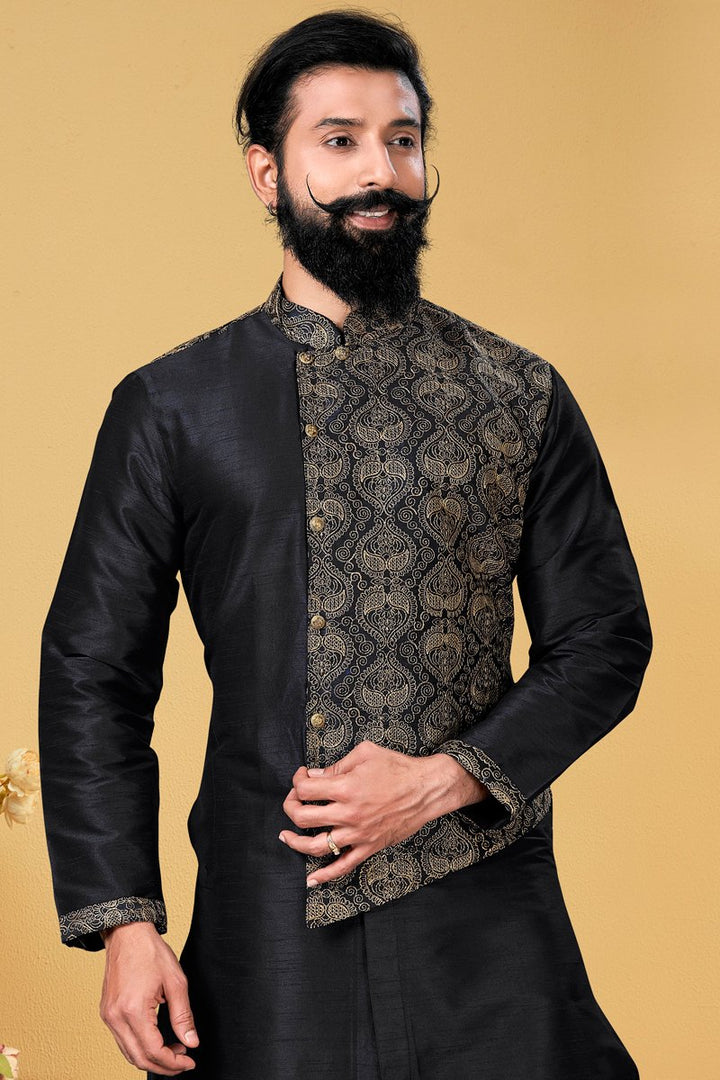 Art Silk Fabric Black Color Sangeet Wear Embroidered Readymade Men Kurta Pyjama