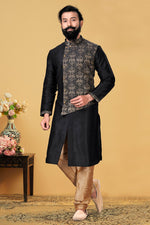 Load image into Gallery viewer, Art Silk Fabric Black Color Sangeet Wear Embroidered Readymade Men Kurta Pyjama
