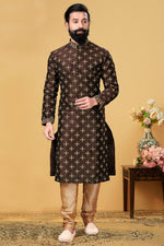 Load image into Gallery viewer, Brown Color Art Silk Fabric Reception Wear Embroidered Readymade Men Kurta Pyjama
