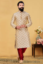 Load image into Gallery viewer, Beige Color Art Silk Fabric Reception Wear Embroidered Readymade Kurta Pyjama For Men
