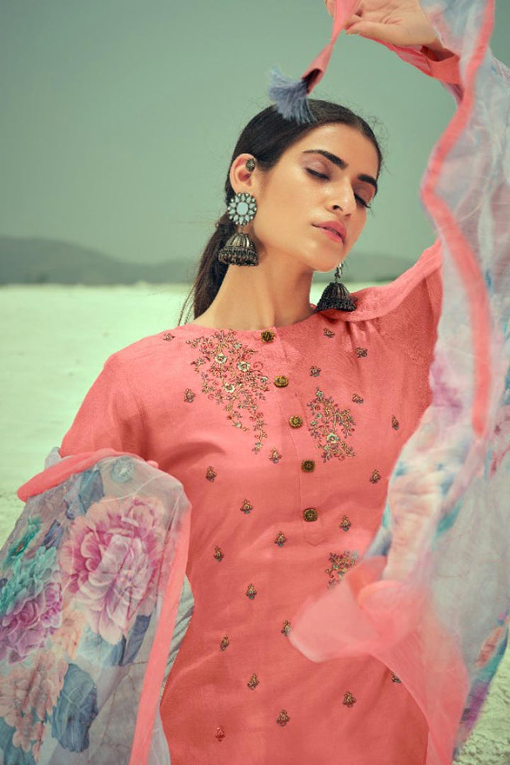 Fancy Fabric Peach Color Palazzo Salwar Suit With Printed Dupatta