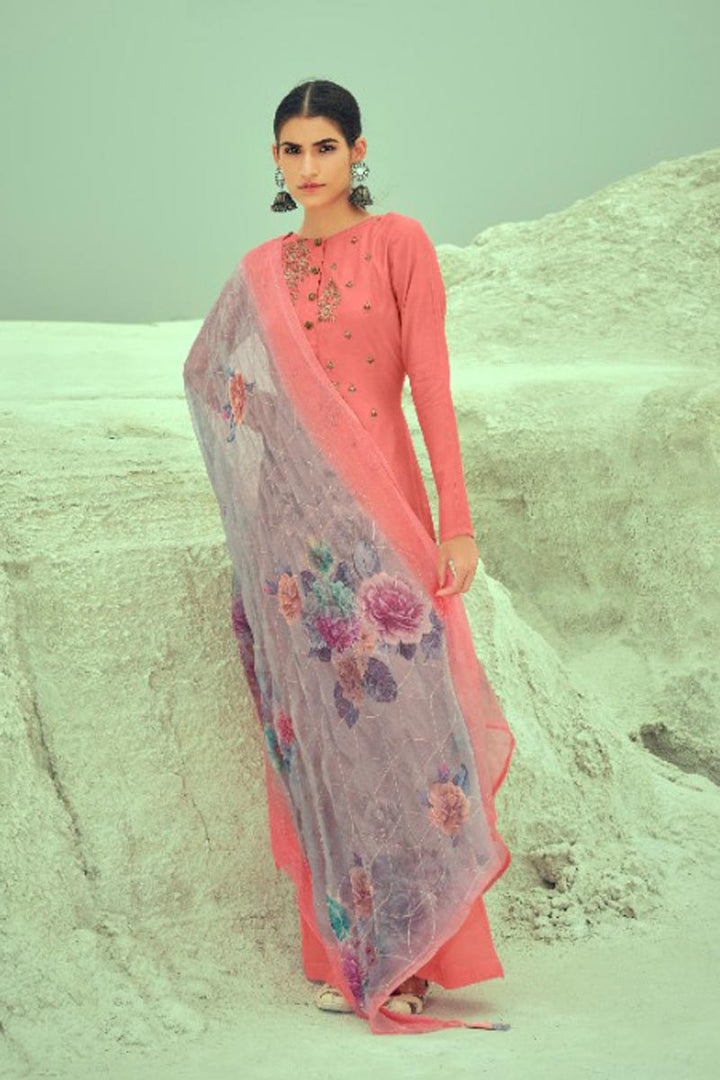Fancy Fabric Peach Color Palazzo Salwar Suit With Printed Dupatta