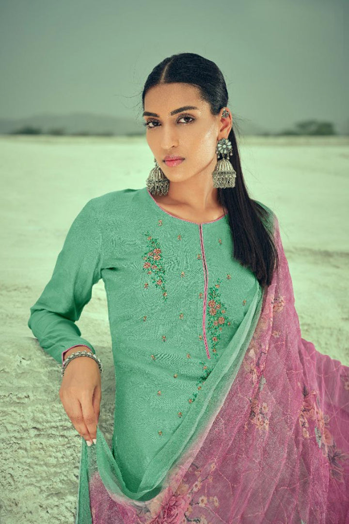 Gorgeous Sea Green Fancy Fabric Festive Wear Palazzo Salwar Suit With Printed Dupatta