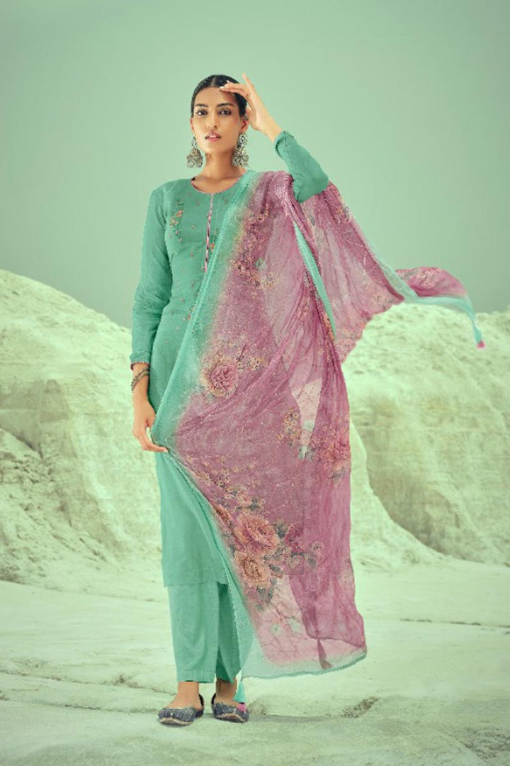 Gorgeous Sea Green Fancy Fabric Festive Wear Palazzo Salwar Suit With Printed Dupatta