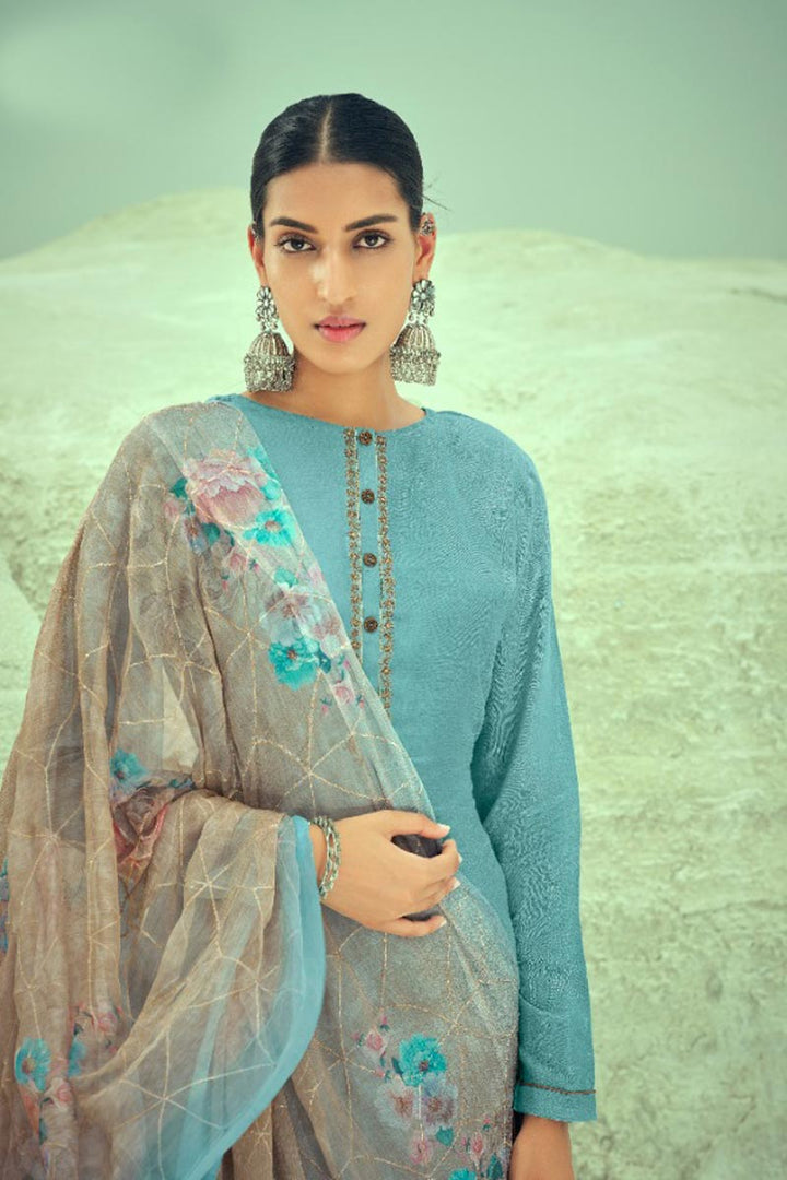 Attractive Sky Blue Color Fancy Fabric Palazzo Salwar Suit With Printed Dupatta