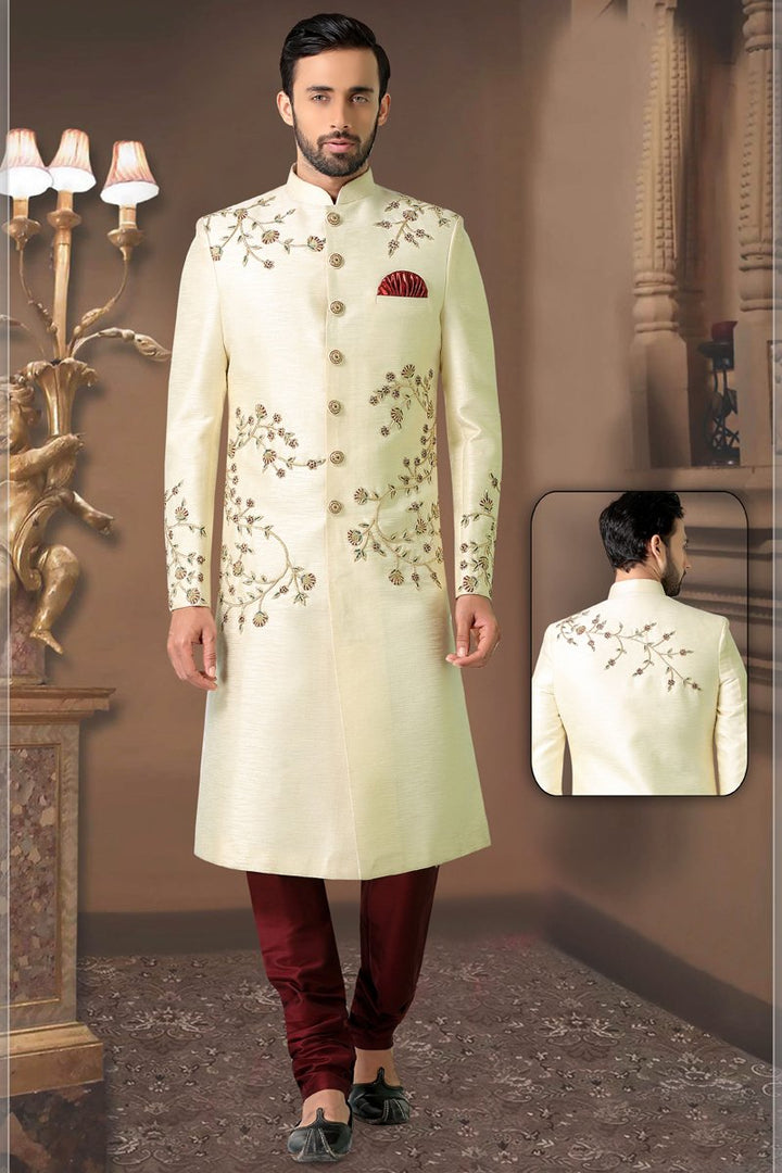 Beige Color Silk Fabric Sangeet Wear Fancy Readymade Men Indo Western