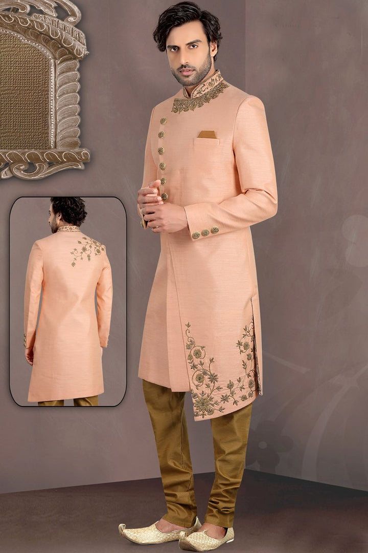 Peach Color Silk Fabric Reception Wear Trendy Readymade Men Indo Western