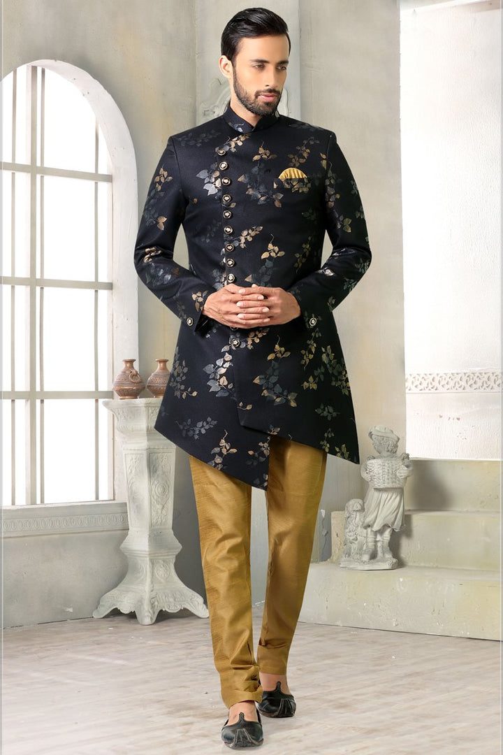 Black Color Rayon Fabric Sangeet Wear Designer Readymade Indo Western For Men