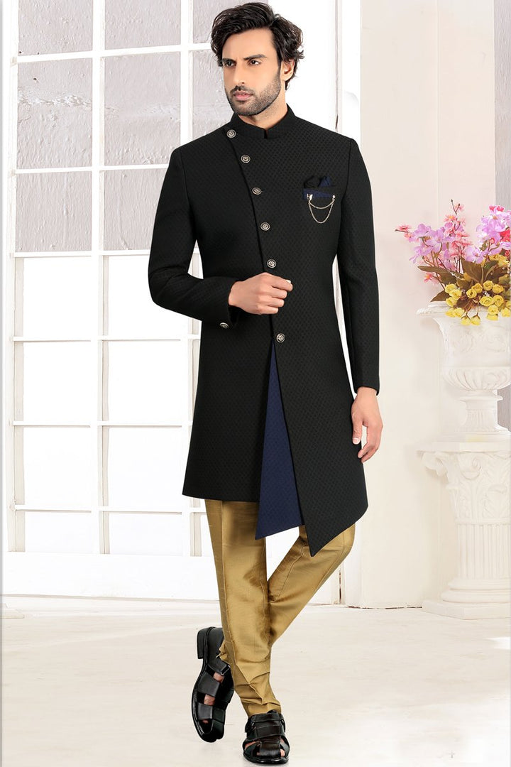 Black Color Jacquard Fabric Sangeet Wear Trendy Readymade Men Indo Western
