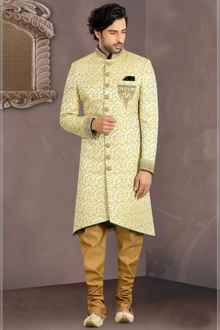 Beige Color Brocade Fabric Reception Wear Fancy Readymade Men Indo Western