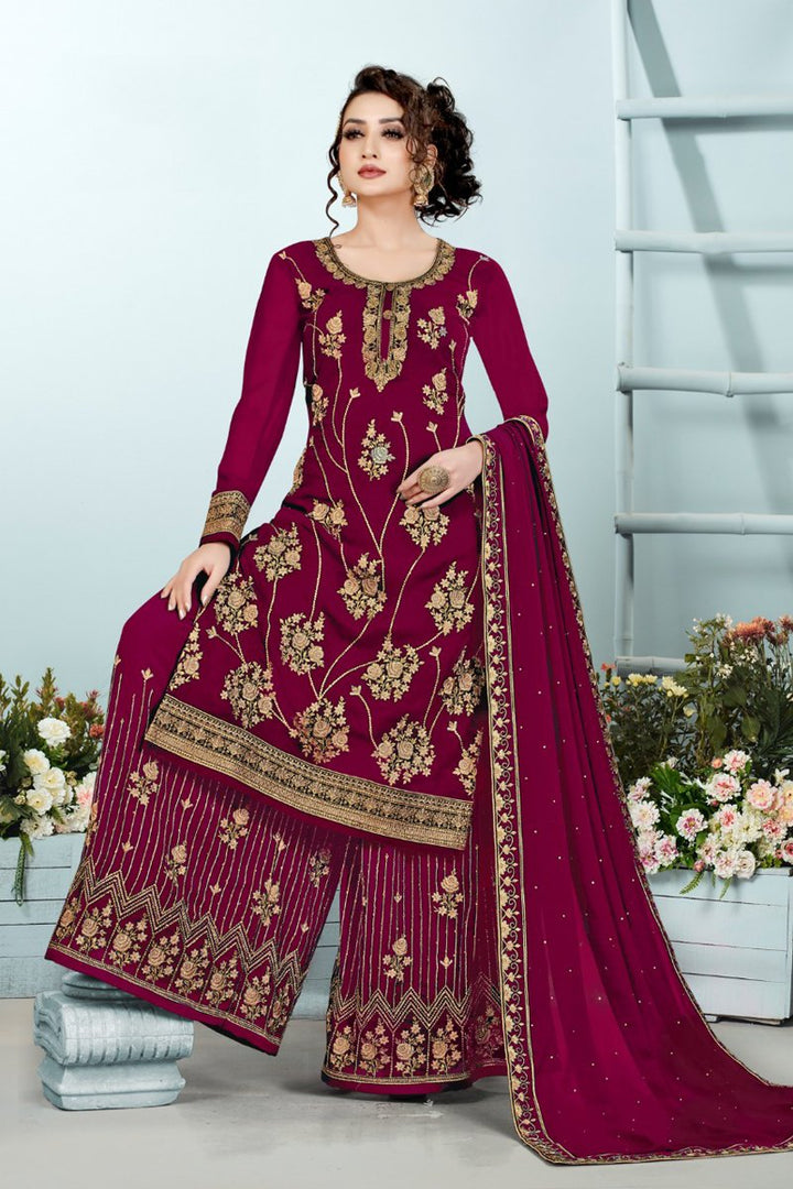 Reception Wear Georgette Fabric Rani Color Embroidered Palazzo Suit