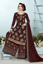 Load image into Gallery viewer, Brown Color Festive Wear Embroidered Georgette Fabric Palazzo Suit
