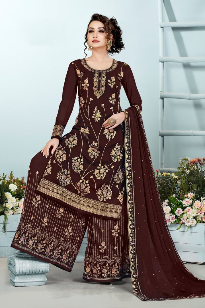 Brown Color Festive Wear Embroidered Georgette Fabric Palazzo Suit