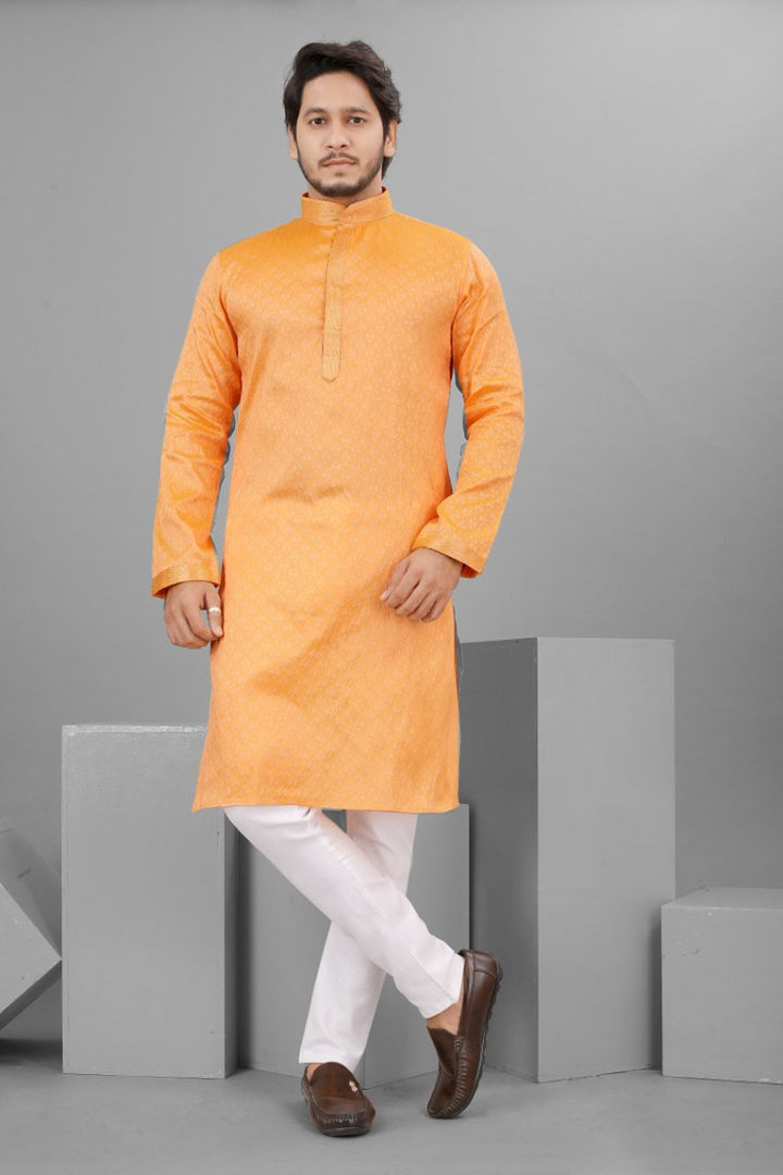 Cotton Fabric Orange Color Function Wear Readymade Men Kurta Pyjama