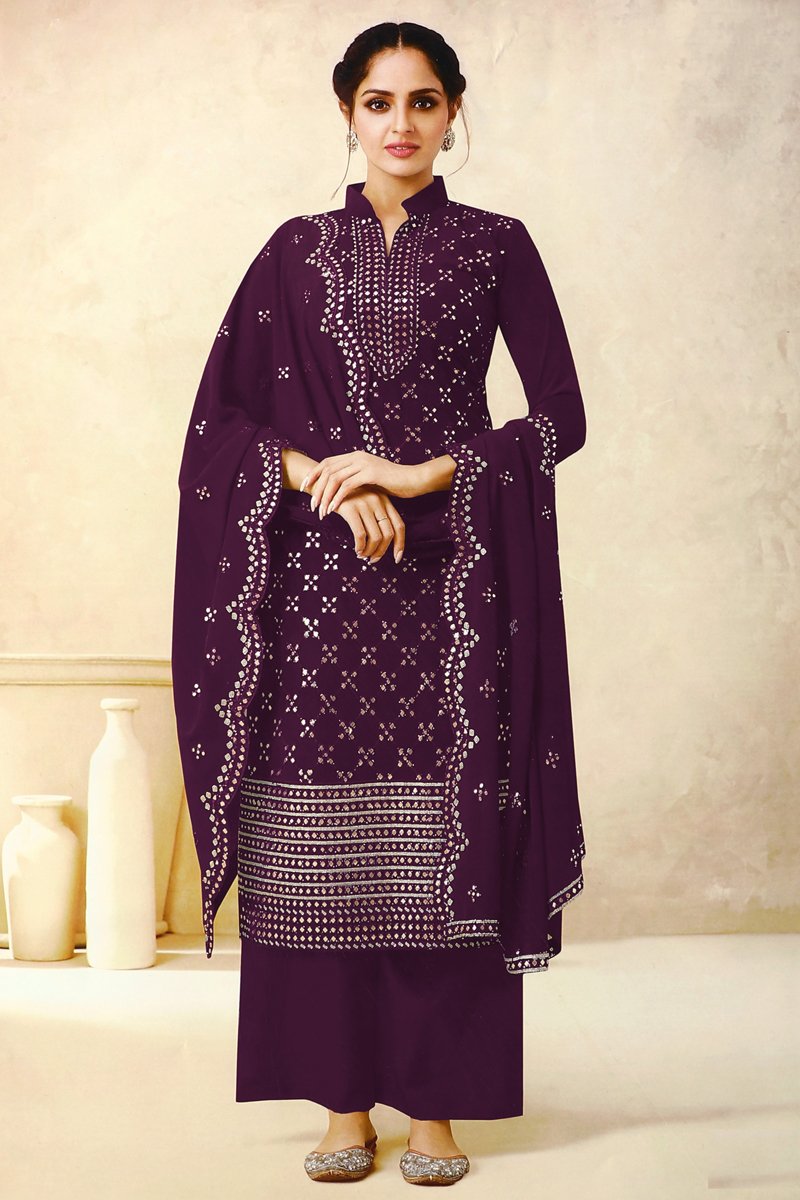 Purple Color Festive Wear Embroidered Georgette Fabric Palazzo Salwar Suit