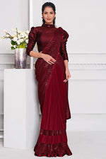 Load image into Gallery viewer, Maroon Color Lycra Fabric Embroidered Wedding Wear Fancy Saree
