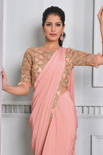 Load image into Gallery viewer, Peach Color Function Wear Lycra Fabric Embroidered Designer Saree

