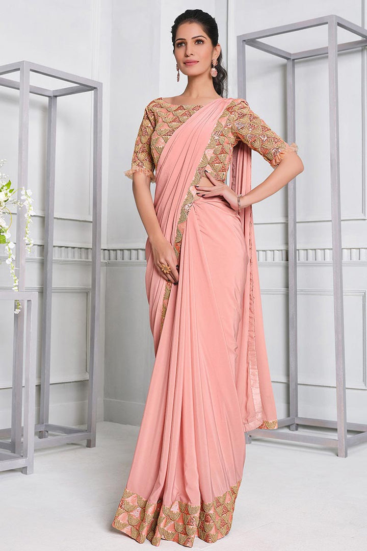 Peach Color Function Wear Lycra Fabric Embroidered Designer Saree