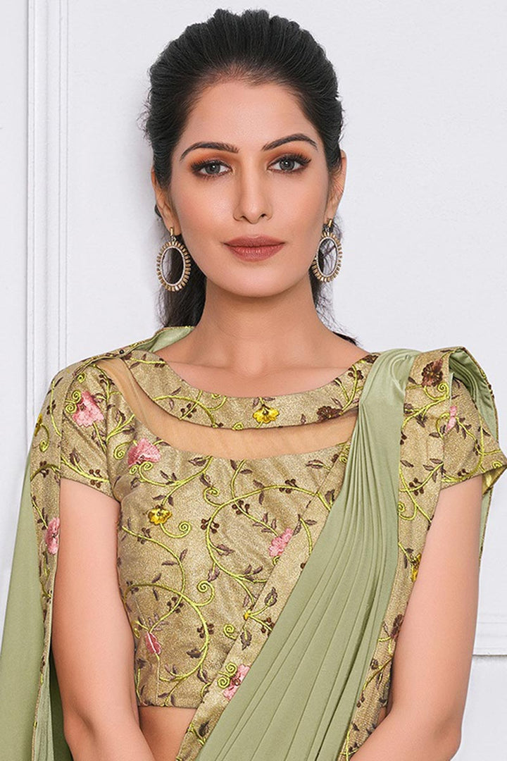 Sea Green Color Wedding Wear Lycra Fabric Embroidered Designer Saree