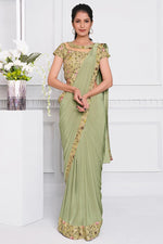 Load image into Gallery viewer, Sea Green Color Wedding Wear Lycra Fabric Embroidered Designer Saree
