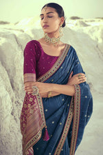Load image into Gallery viewer, Art Silk Fabric Lace Work Navy Blue Color Reception Wear Saree
