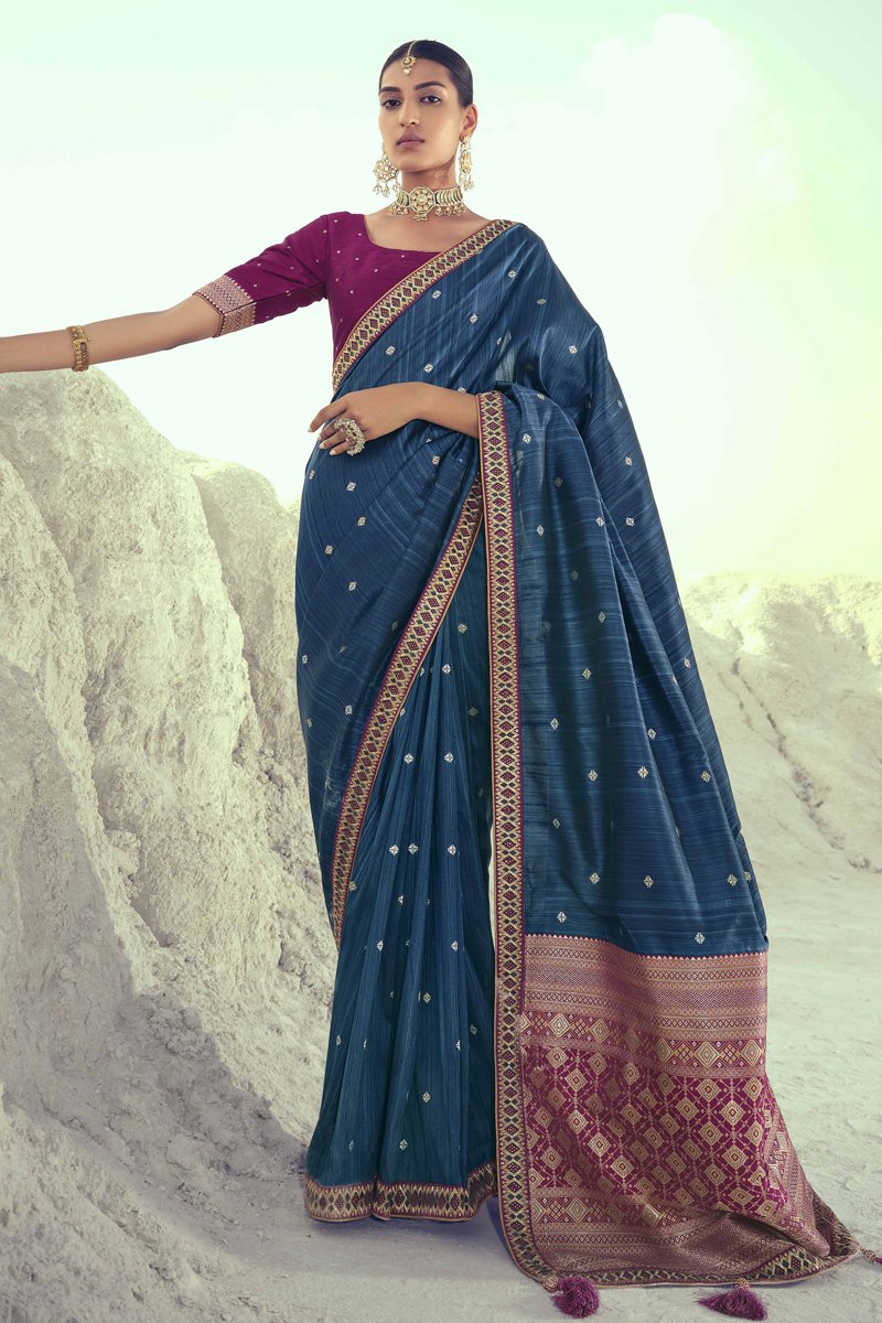 Art Silk Fabric Lace Work Navy Blue Color Reception Wear Saree