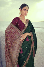 Load image into Gallery viewer, Lace Work Party Wear Stylish Saree In Dark Green Color Art Silk Fabric

