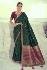 Load image into Gallery viewer, Lace Work Party Wear Stylish Saree In Dark Green Color Art Silk Fabric

