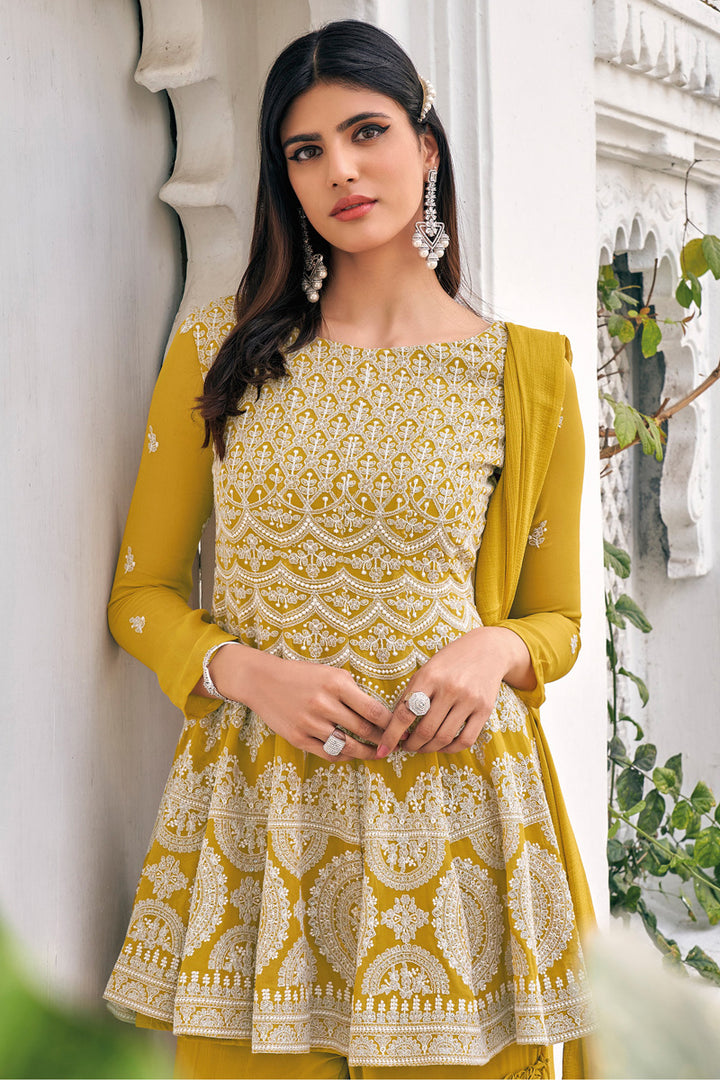 Mustard Color Viscose And Georgette Fabric Function Wear Embroidered Palazzo Suit