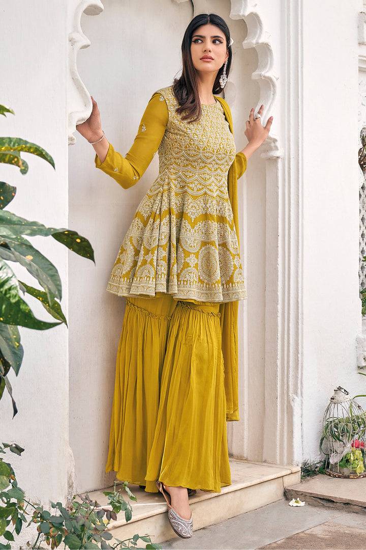 Mustard Color Viscose And Georgette Fabric Function Wear Embroidered Palazzo Suit