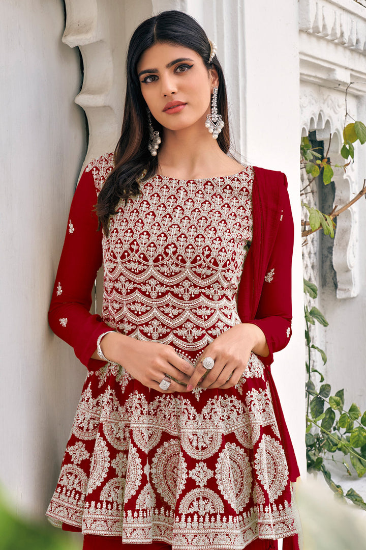 Viscose And Georgette Fabric Festive Wear Embroidered Palazzo Suit In Red Color