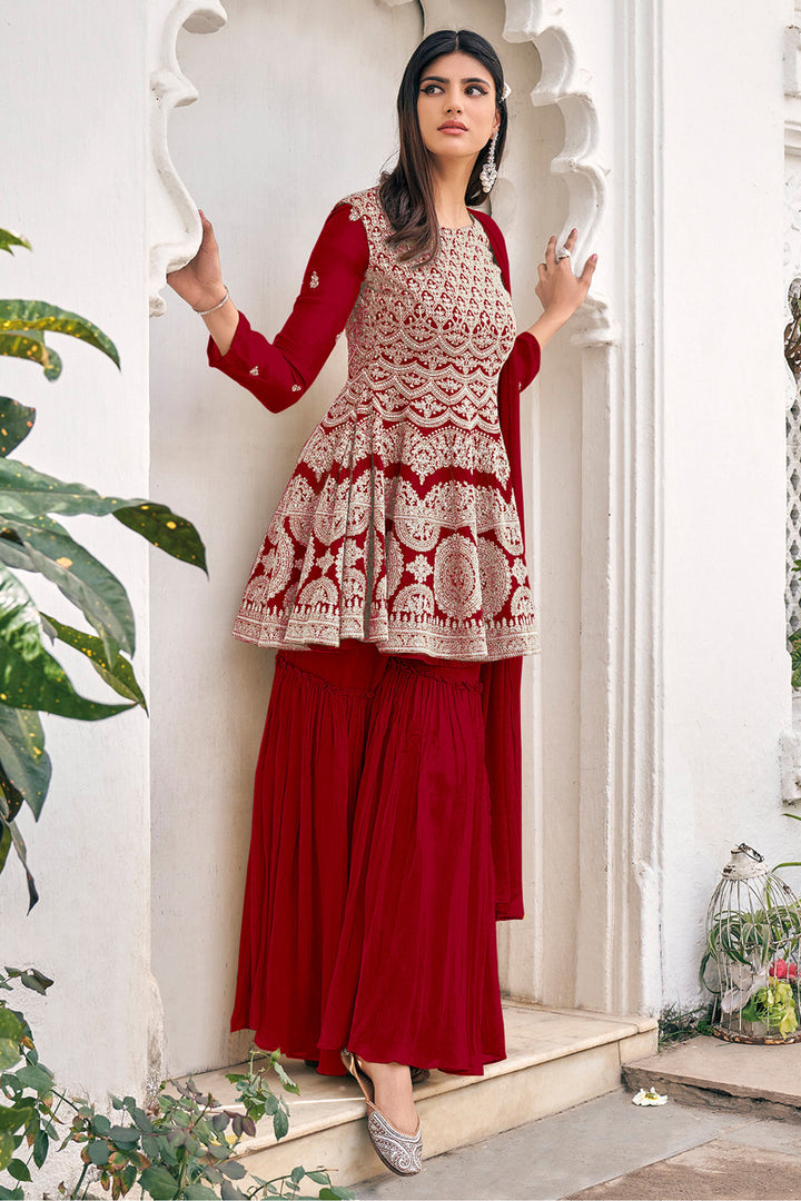 Viscose And Georgette Fabric Festive Wear Embroidered Palazzo Suit In Red Color