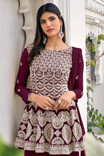 Load image into Gallery viewer, Burgundy Color Festive Wear Embroidered Viscose And Georgette Fabric Palazzo Suit
