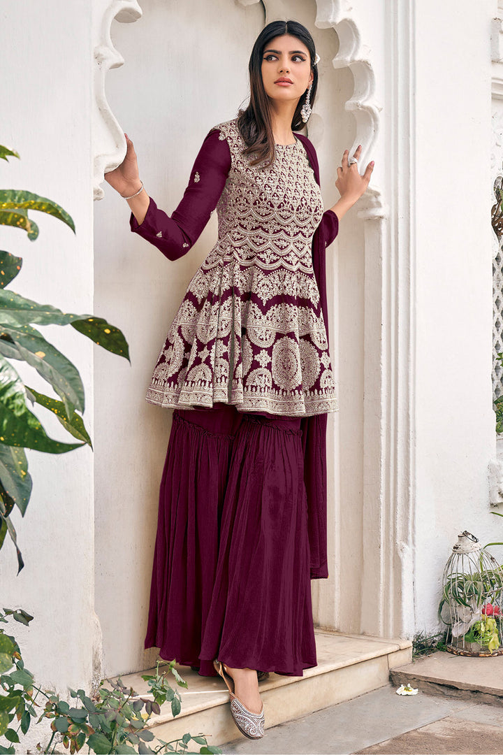 Burgundy Color Festive Wear Embroidered Viscose And Georgette Fabric Palazzo Suit
