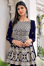 Load image into Gallery viewer, Viscose And Georgette Fabric Party Wear Blue Color Embroidered Palazzo Suit
