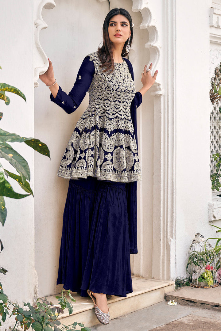 Viscose And Georgette Fabric Party Wear Blue Color Embroidered Palazzo Suit