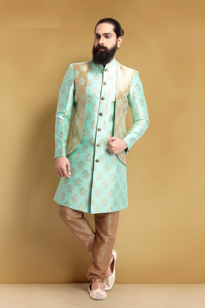 Sea Green Color Art Silk Fabric Sangeet Wear Designer Readymade Men Indo Western