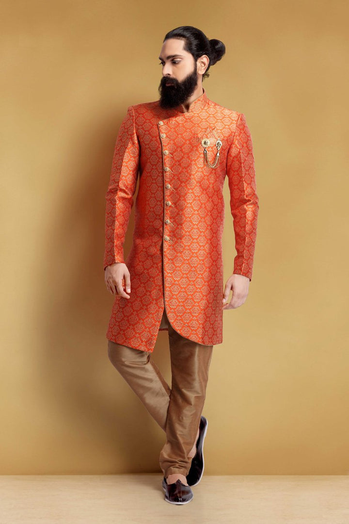 Orange Color Art Silk Fabric Wedding Wear Designer Readymade Men Indo Western