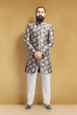 Load image into Gallery viewer, Grey Color Wedding Wear Designer Art Silk Fabric Readymade Men Indo Western
