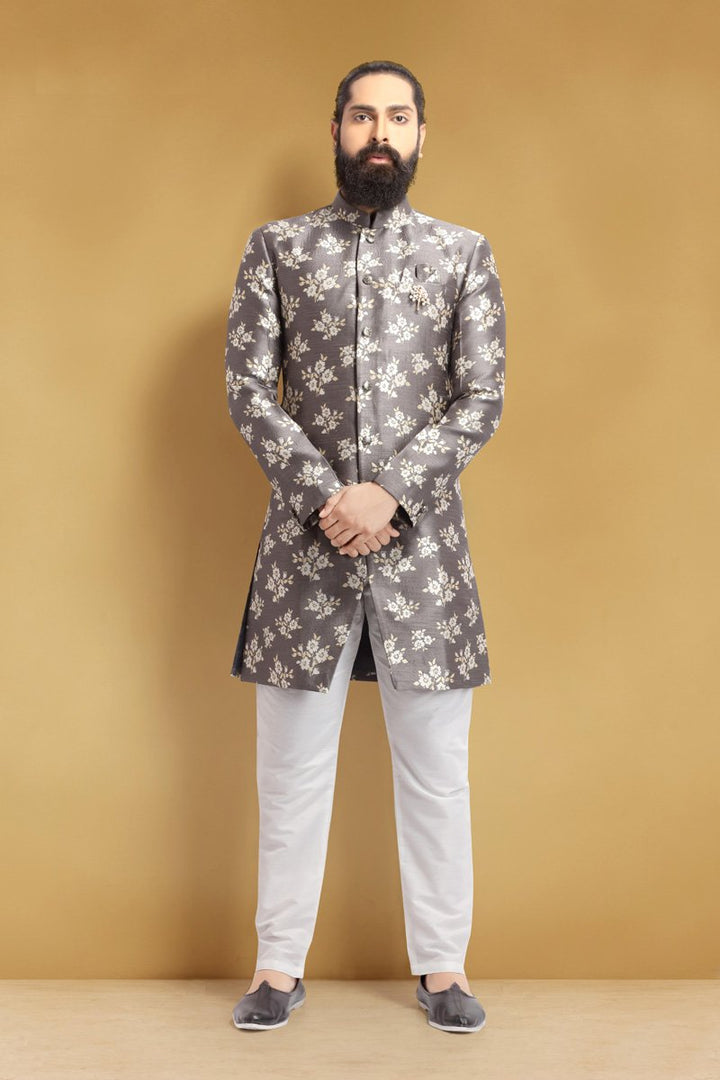 Grey Color Wedding Wear Designer Art Silk Fabric Readymade Men Indo Western