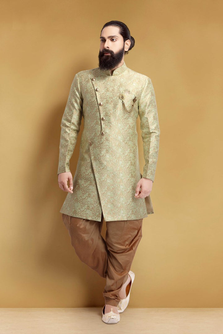 Sea Green Color Sangeet Wear Stylish Readymade Men Indo Western In Art Silk Fabric