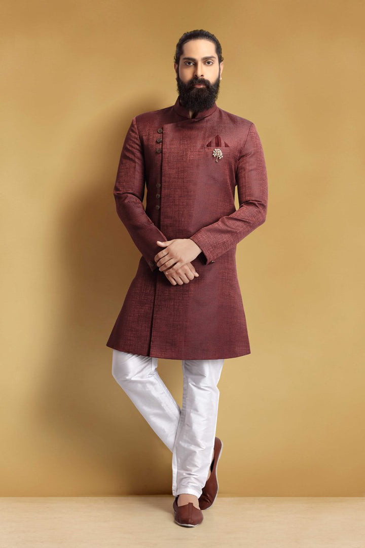 Maroon Color Art Silk Fabric Wedding Wear Stylish Readymade Men Indo Western