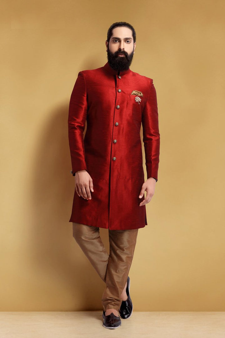 Red Color Art Silk Fabric Wedding Wear Designer Men Indo Western