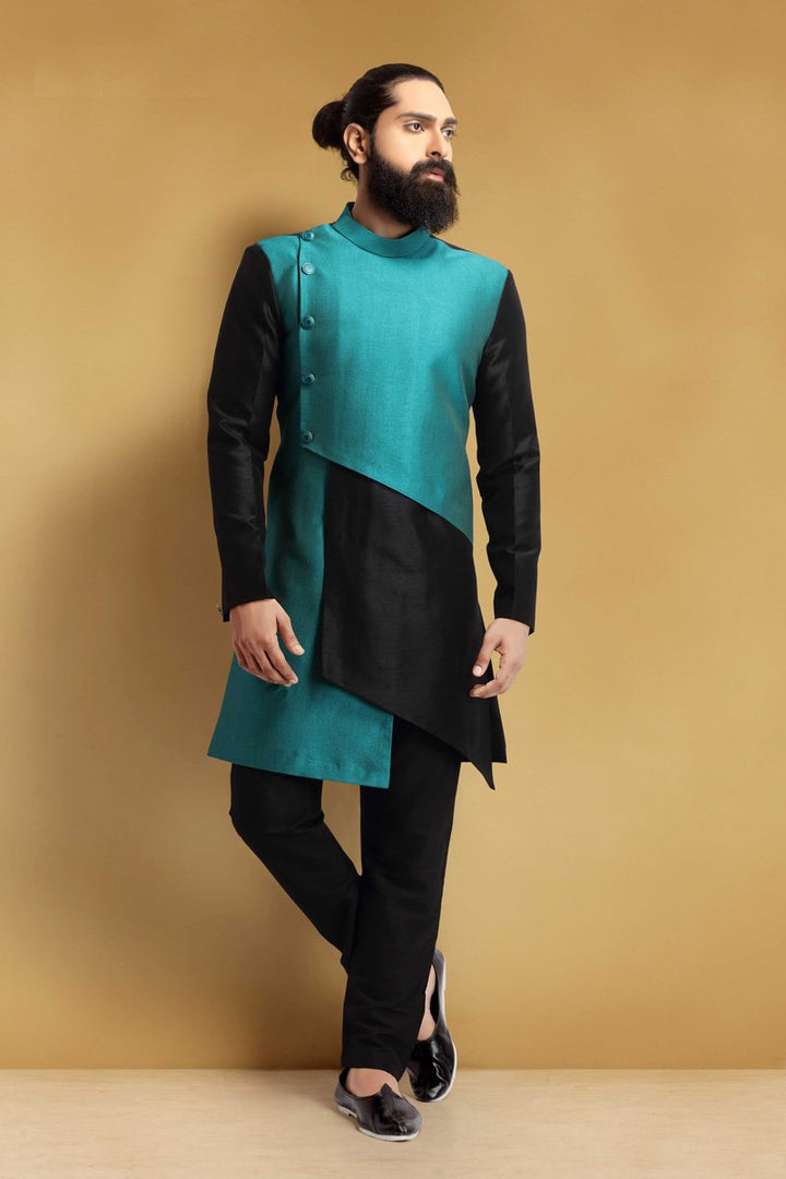 Teal Color Art Silk Fabric Sangeet Wear Stylish Readymade Men Indo Western