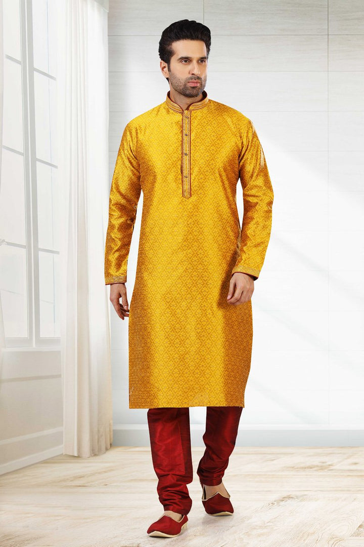 Mustard Color Jacquard Silk Fabric Wedding Wear Designer Readymade Kurta Pyjama For Men
