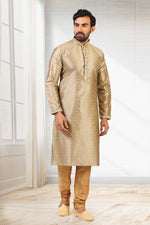Load image into Gallery viewer, Cream Color Jacquard Silk Fabric Function Wear Stylish Readymade Kurta Pyjama For Men
