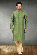 Load image into Gallery viewer, Sea Green Color Jacquard Silk Fabric Reception Wear Stylish Readymade Kurta Pyjama For Men
