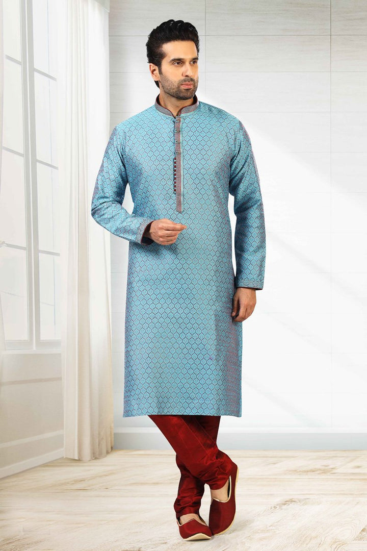 Sky Blue Color Jacquard Silk Fabric Festive Wear Designer Readymade Kurta Pyjama For Men